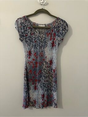 Partially Sheer Floral Pleated Mini Dress in Blue & Red
